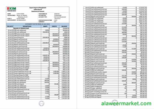 Bangladesh Exim Bank statement of account Word and PDF template, 2 pages